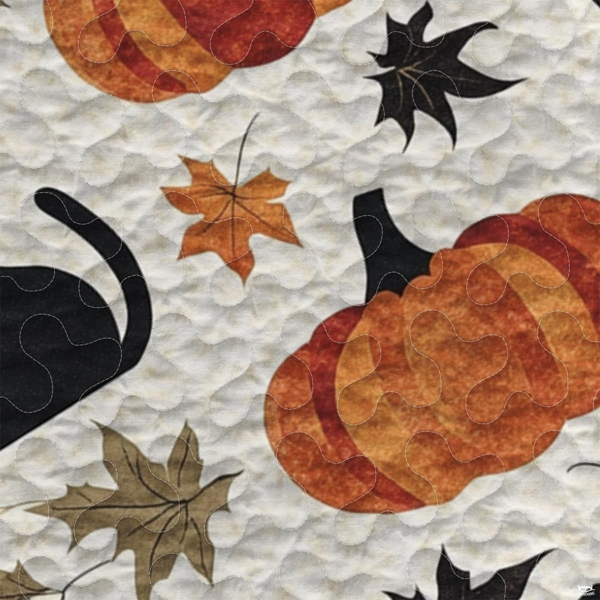 Close view of illustrated seated black cats and amber maple leaves on autumn bedding decor.