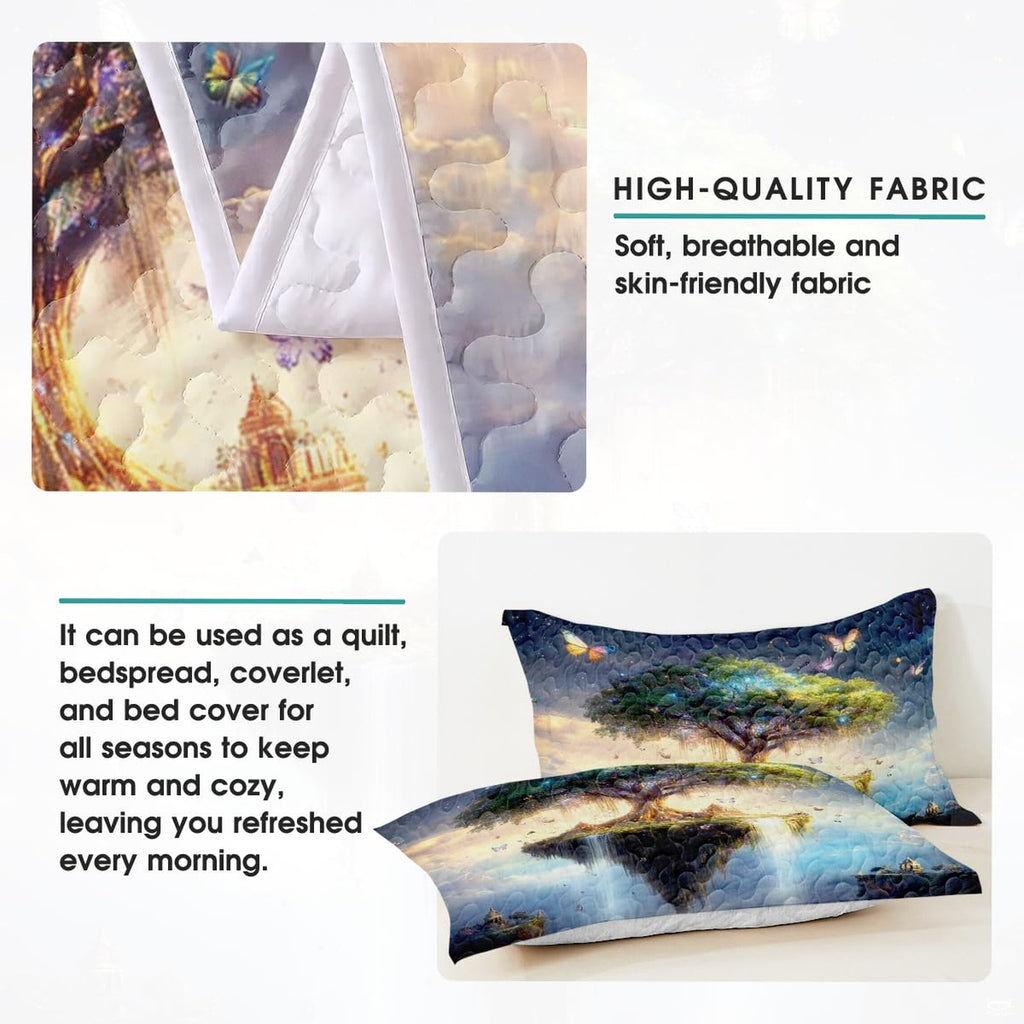 Corner angle of fantasy bedding highlighting vivid sunset cloud printing and rich atmospheric depth contrast