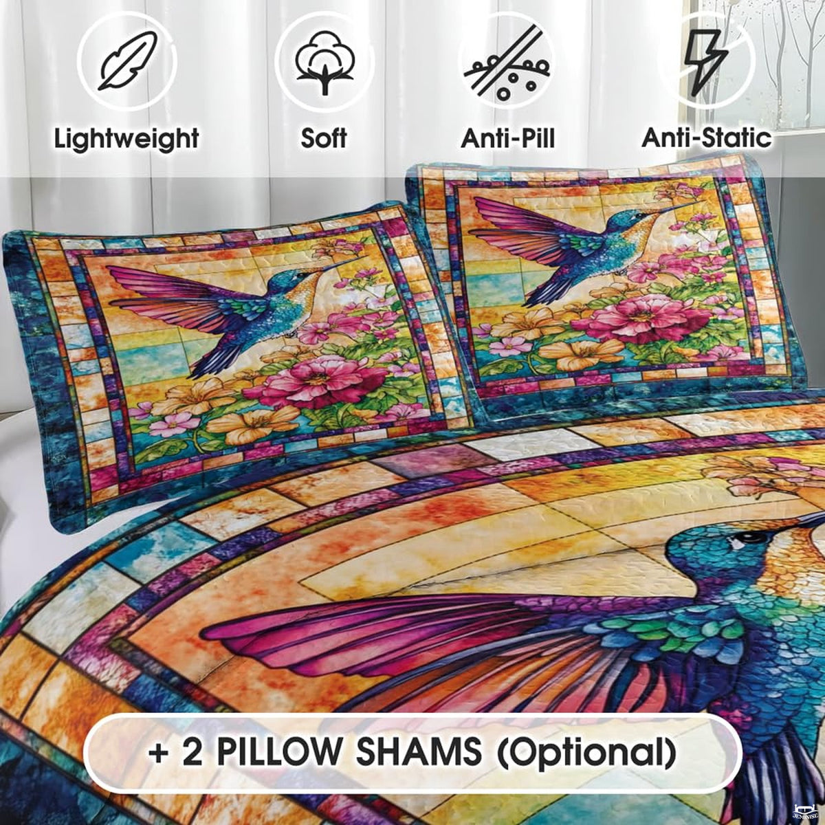 Decorative bed styling showing vivid stained glass bedford inspired motifs and turquoise borders.