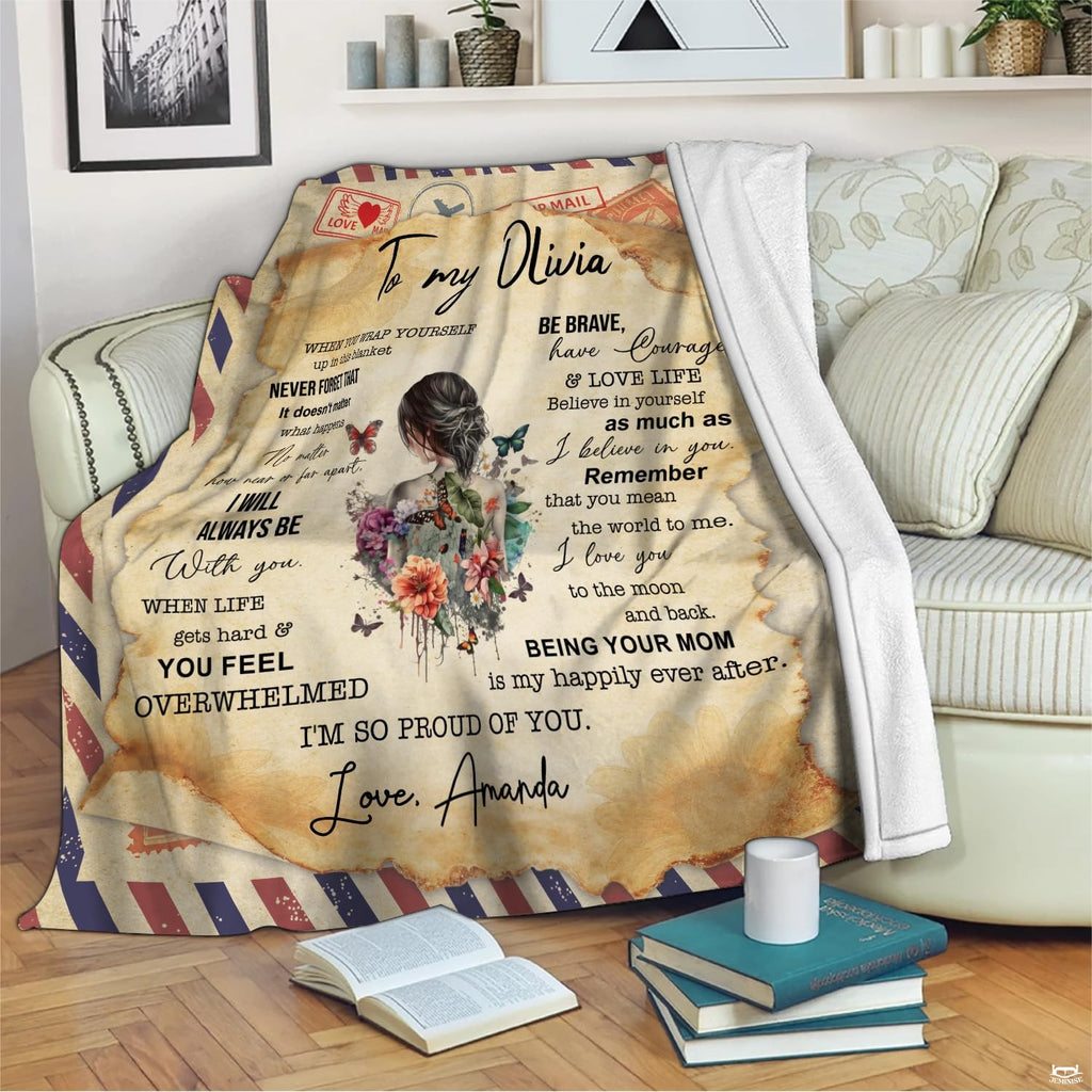 Mother daughter airmail throw blanket view 2 highlighting postal cancel stamps, floral art, and parchment
