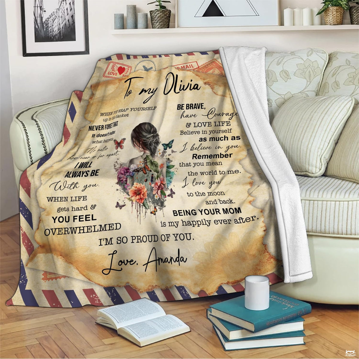 Mother daughter airmail throw blanket view 2 highlighting postal cancel stamps, floral art, and parchment