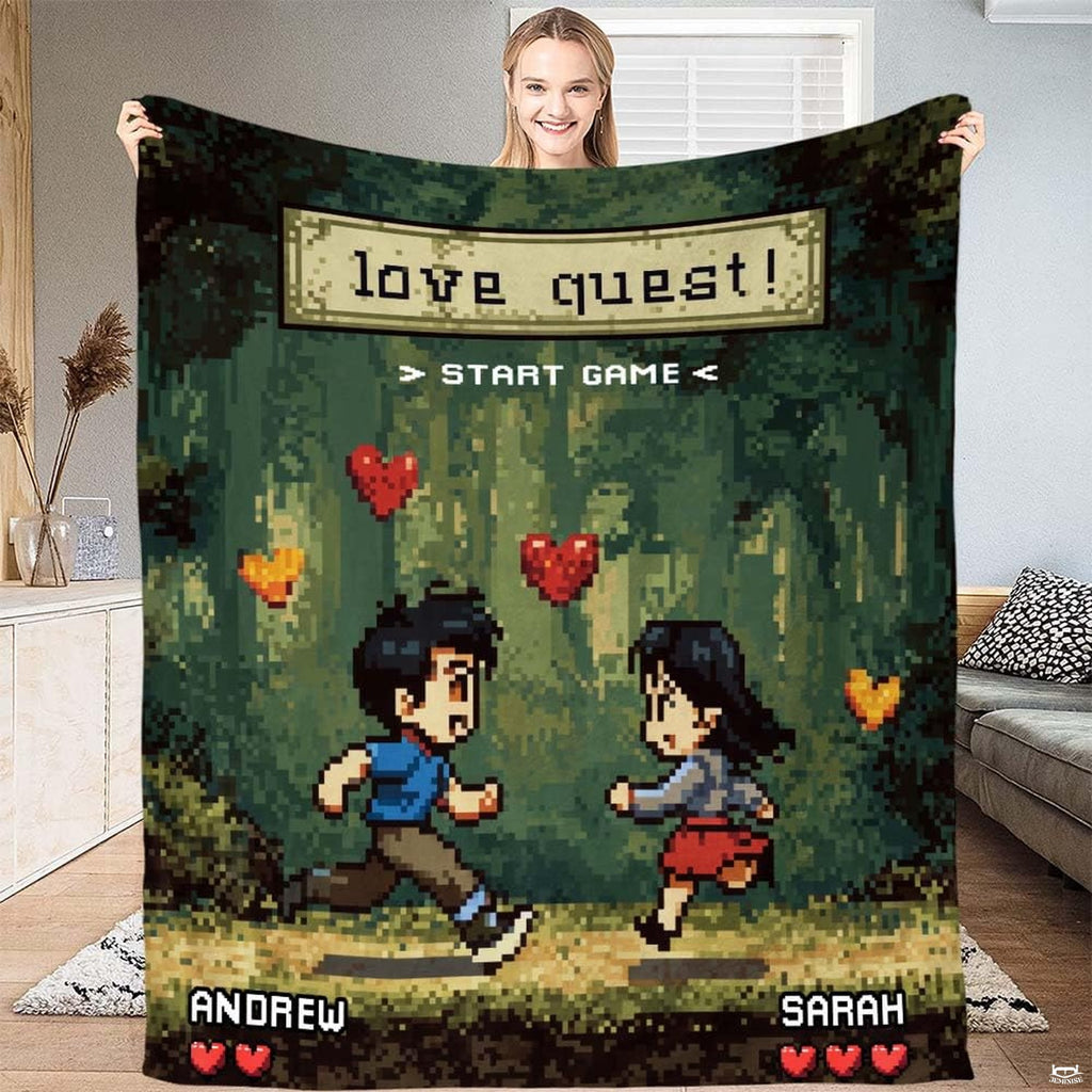 16-bit pixel art couple running on forest path with floating hearts, view 1.
