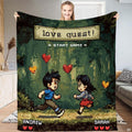16-bit pixel art couple running on forest path with floating hearts, view 1.