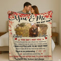Romantic couple portrait framed by red rose petals and scattered heart motifs on thematic accent cream background.