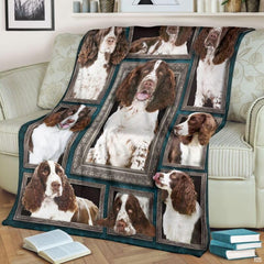 English Springer Spaniel throw blanket styled across a living room sofa near stacked books and a cup.
