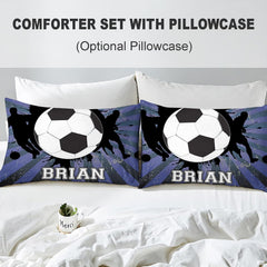 Corner fold view of soccer player silhouette bedding highlighting vivid purple and black graphic printing