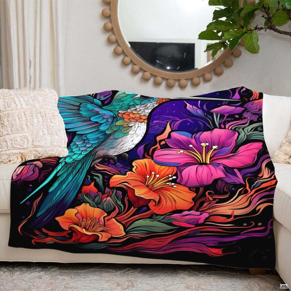 Overhead artistic perspective showing hummingbird wildlife motif blended with lush tropical garden decor.