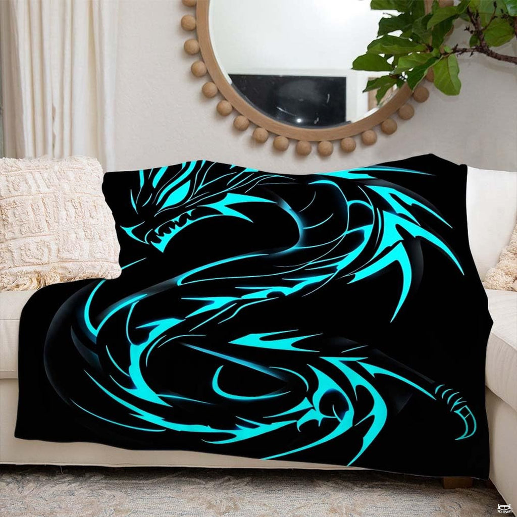 Size guide display showing multiple dimension choices for the electric cyan dragon throw blanket
