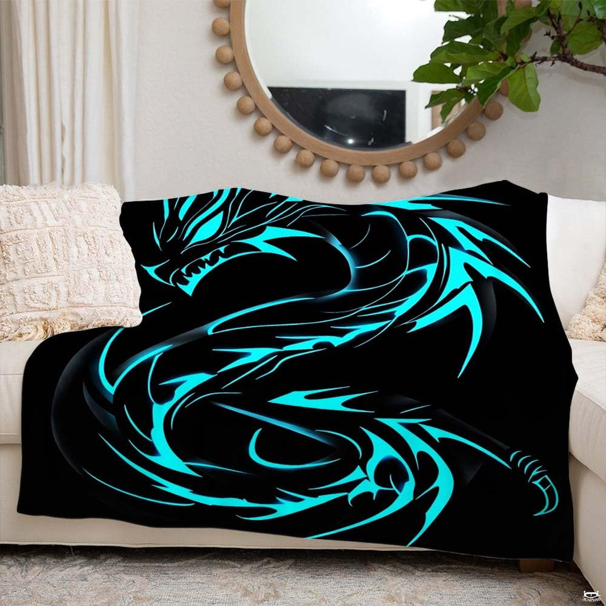 Size guide display showing multiple dimension choices for the electric cyan dragon throw blanket