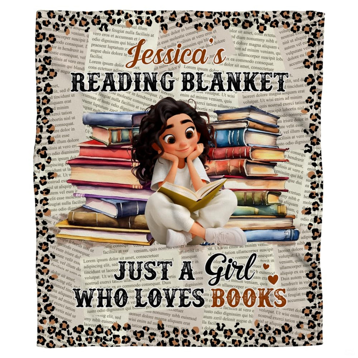 Chic leopard animal print decorative border surrounding illustrated book lover bedroom art.