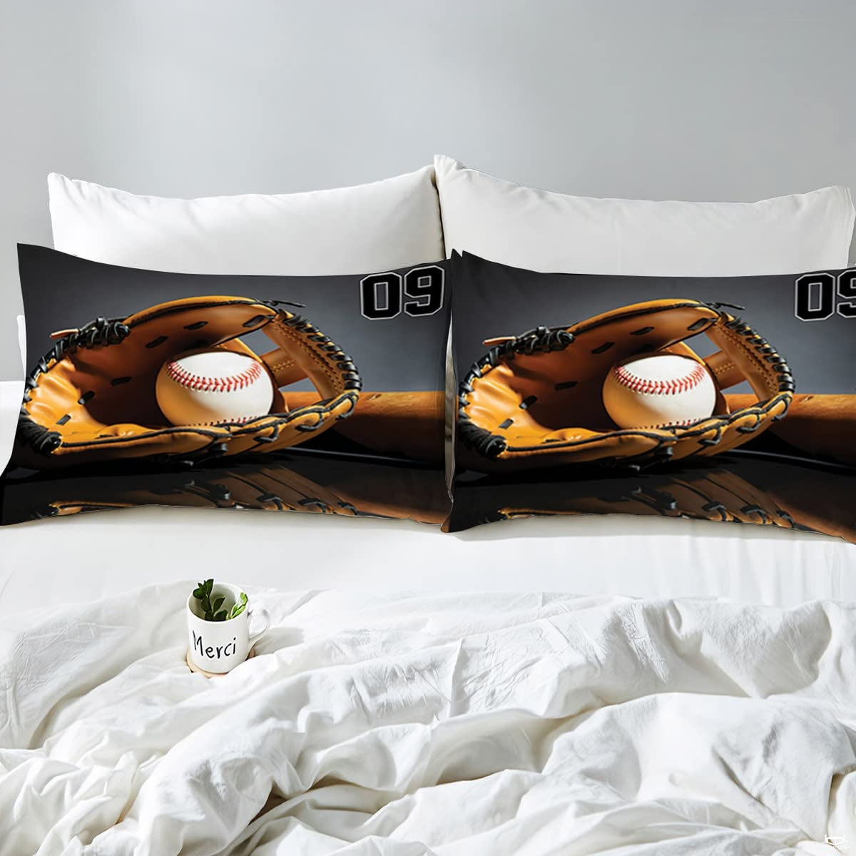Overhead perspective of orange baseball bedding arranged neatly across an athletic bedroom mattress