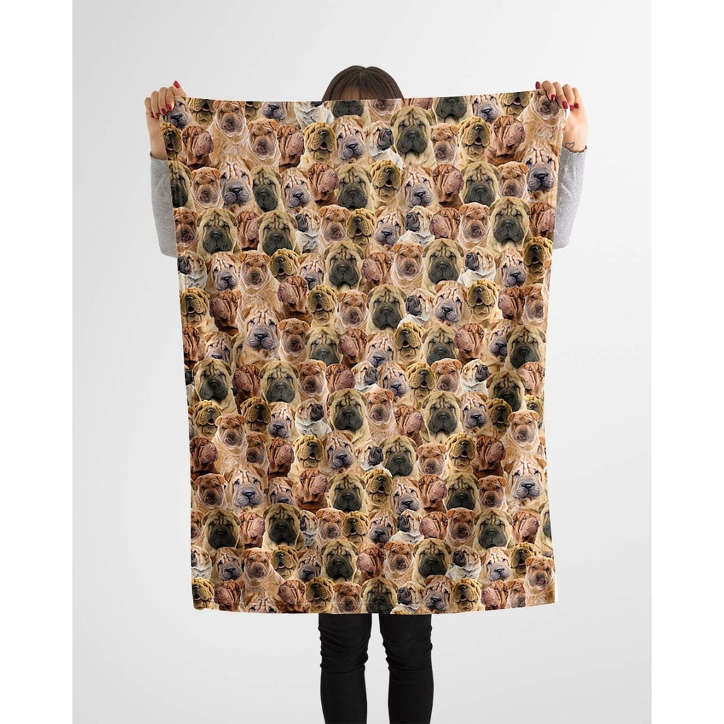 Shar-Pei dog lover throw blanket styled across a couch in a bright living room.