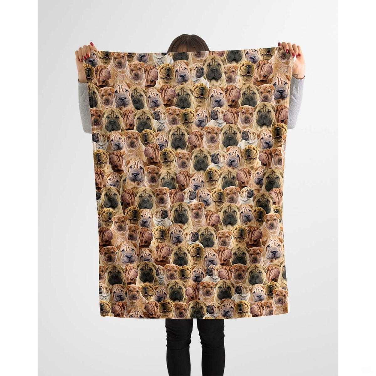 Shar-Pei dog lover throw blanket styled across a couch in a bright living room.