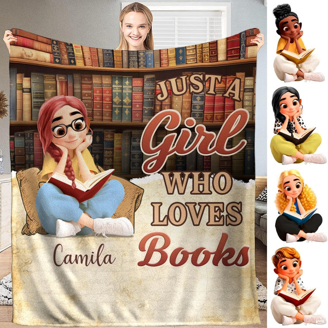 Front view of braided reader girl throw blanket showing arched bookcase artwork and personalized text.