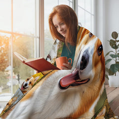 Overhead view of decorative Welsh Corgi canine art motif on bedding.