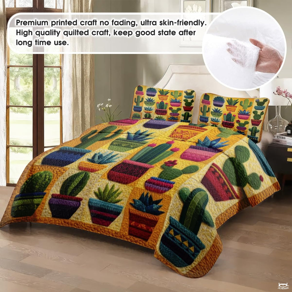 Personalized Vibrant Potted Cactus Garden Quilt Set, Machine Washable