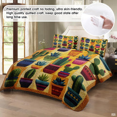 Personalized Vibrant Potted Cactus Garden Quilt Set, Machine Washable