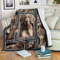 Weimaraner pet portrait fleece featuring ornate silver frames on deep teal with delicate snowflake motifs.