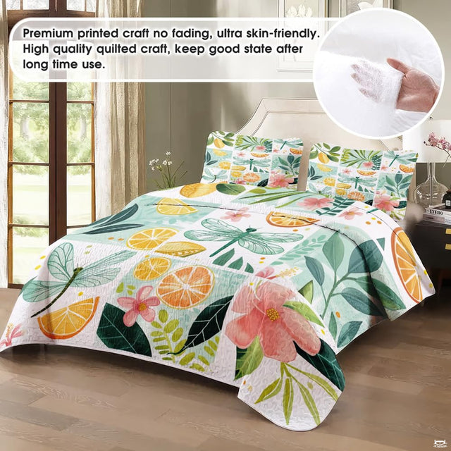 Tropical dragonfly bedding in a softly lit bedroom