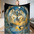 Wolf pair throw blanket featuring affectionate wolves in a celestial moon ring above a twilight river.