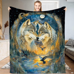 Wolf pair throw blanket featuring affectionate wolves in a celestial moon ring above a twilight river.