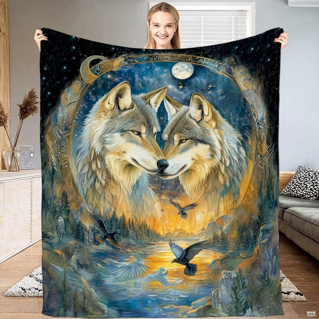 Wolf pair throw blanket featuring affectionate wolves in a celestial moon ring above a twilight river.