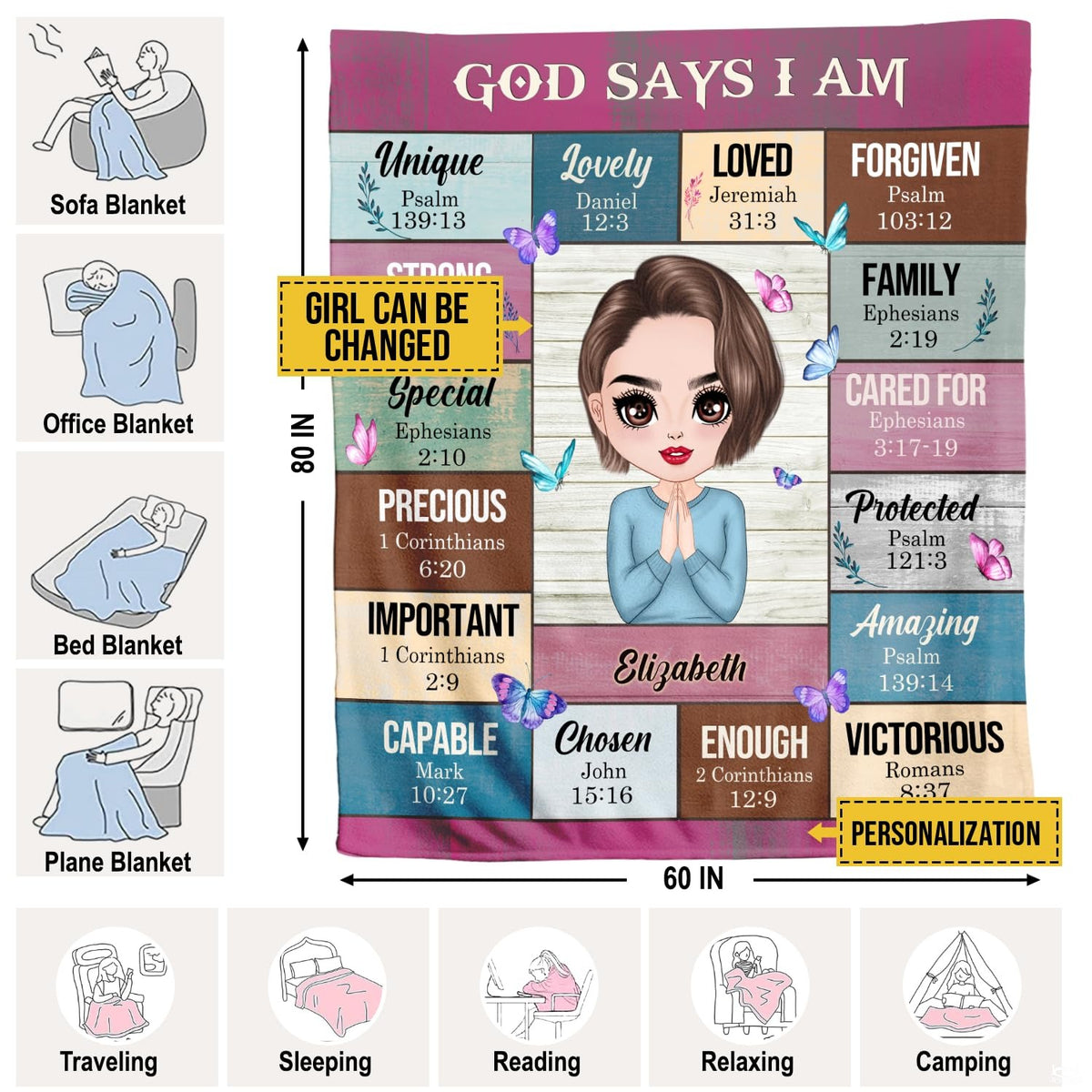 Praying girl scripture affirmations blanket full flat lay display