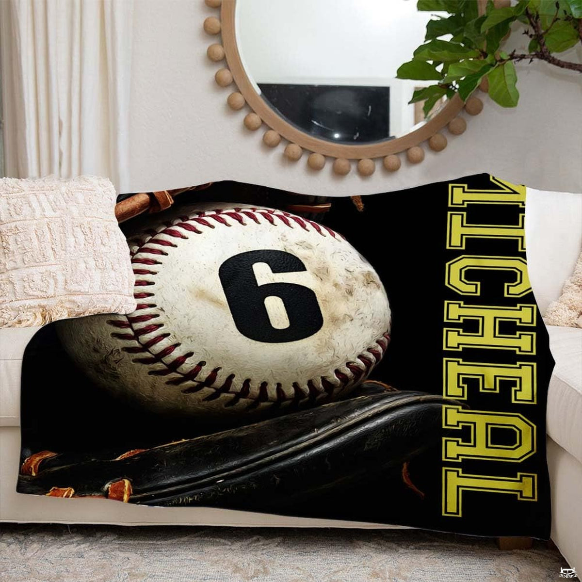 Authentic baseball in a black fielder glove beside vertical gold varsity lettering, view 6.