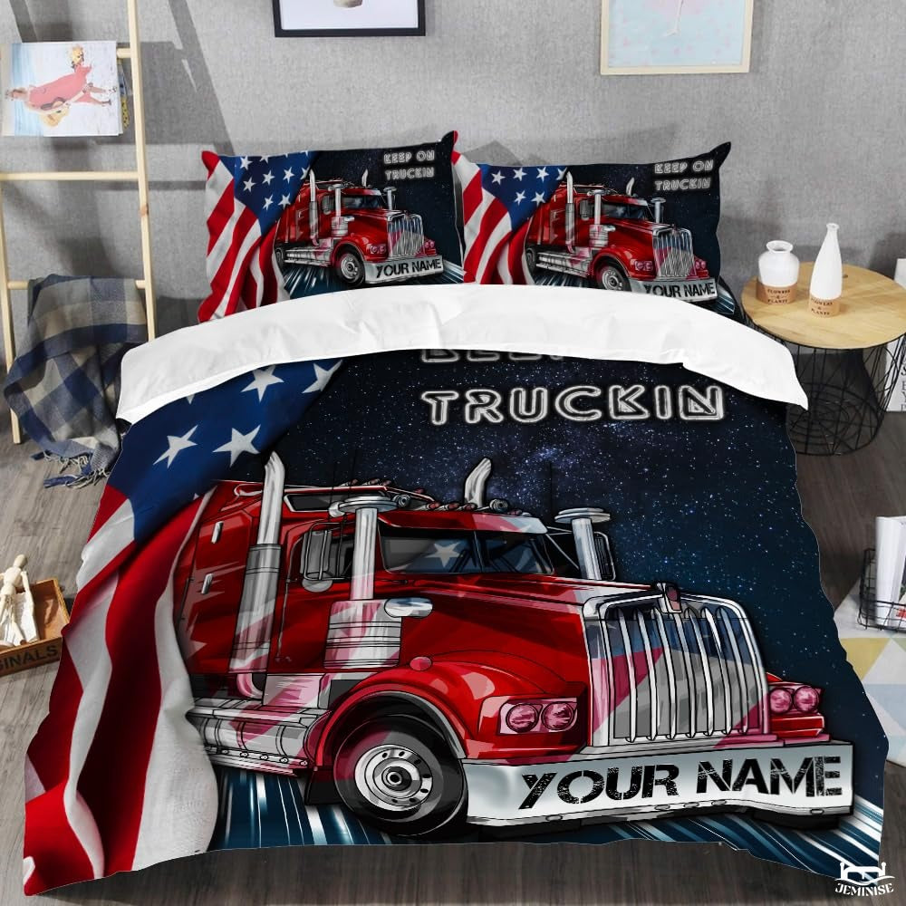 Custom Semi Truck with American Flag Background Comforter