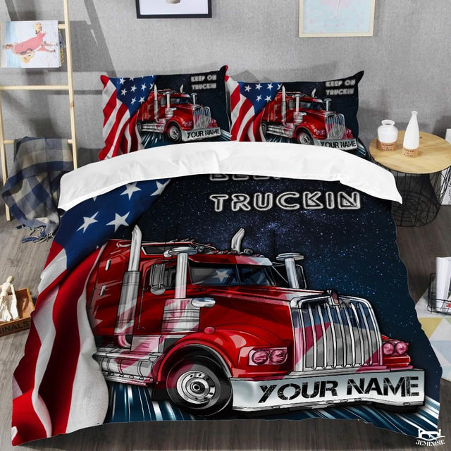Custom Semi Truck with American Flag Background Comforter