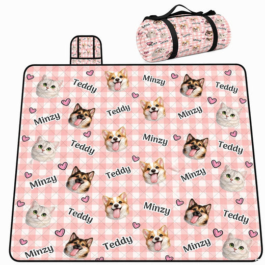 Cute smiling corgi, shepherd dog, and silver cat portraits on pink gingham, view 1.
