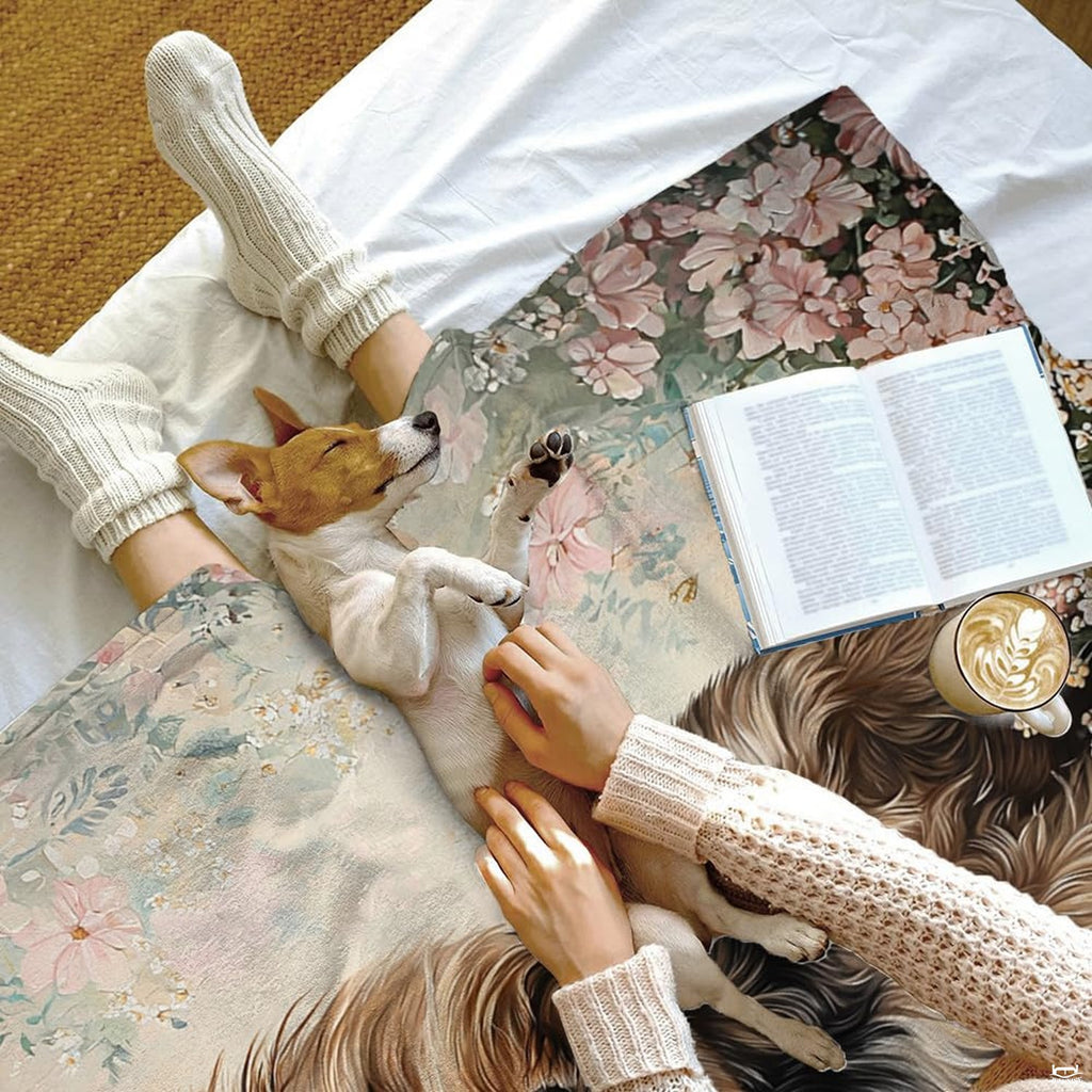 Yorkshire Terrier bedding set overhead display showcasing delicate meadow florals and puppy illustration.