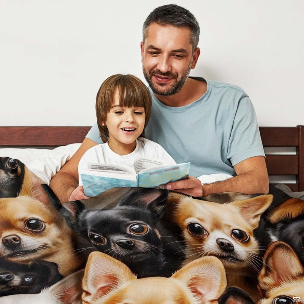 Close view of illustrated Chihuahua bedding highlighting luminous canine eyes and fawn coats.