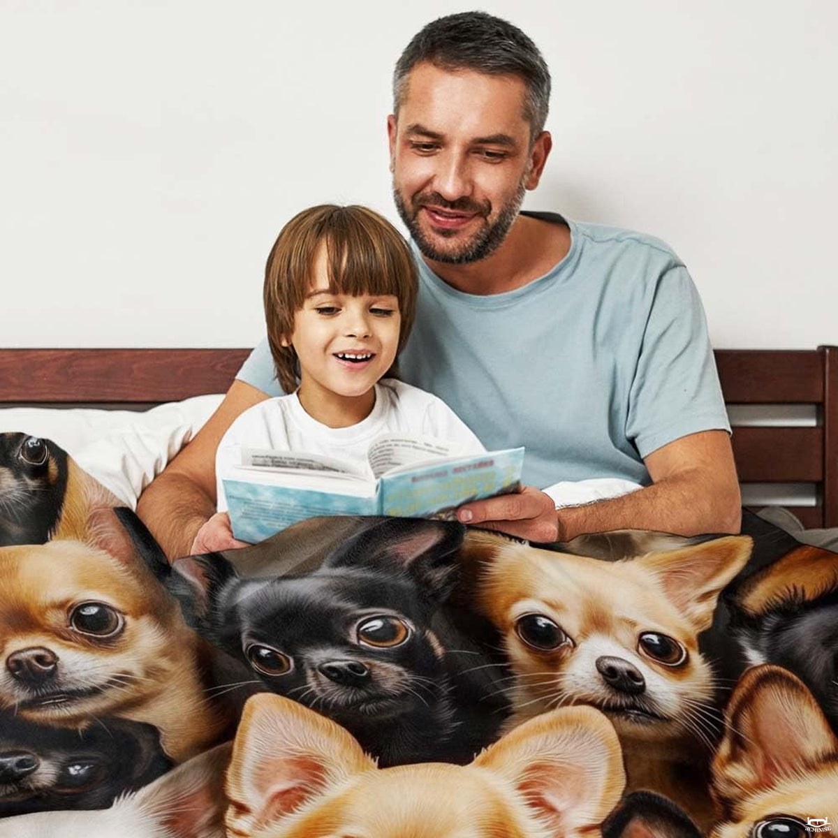 Close view of illustrated Chihuahua bedding highlighting luminous canine eyes and fawn coats.