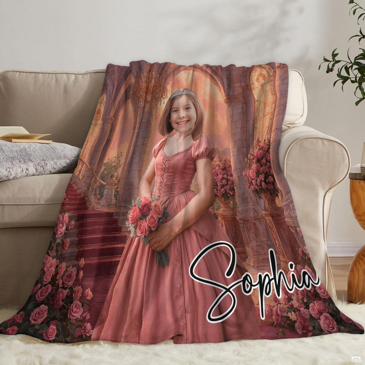 Decorative room accent showcasing flowing tidal motifs paired with charming pink garden flora.