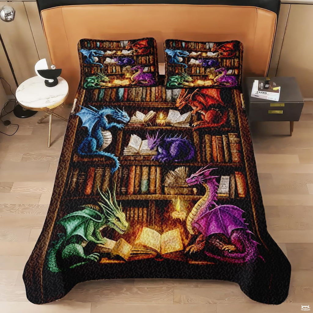 Colorful dragon comforter shown on a modern bed