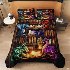 Colorful dragon comforter shown on a modern bed