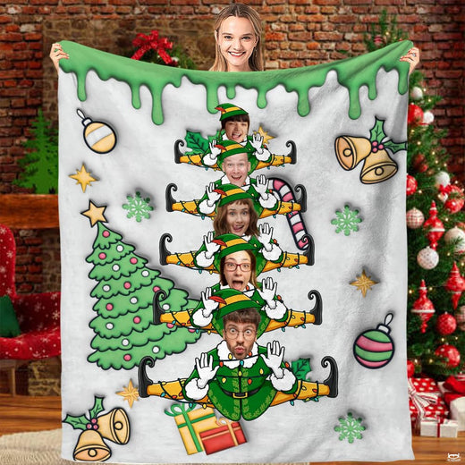 Christmas elf pyramid holiday tree throw blanket held open by woman