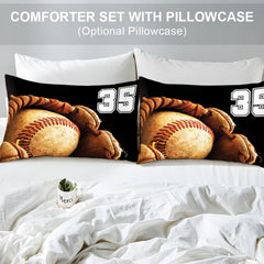 Matching pillowcase detail for baseball bedding set showcasing fielding glove artwork and athletic jersey numbering