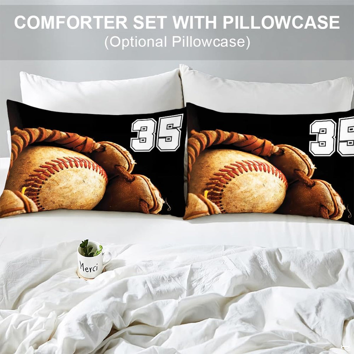 Matching pillowcase detail for baseball bedding set showcasing fielding glove artwork and athletic jersey numbering