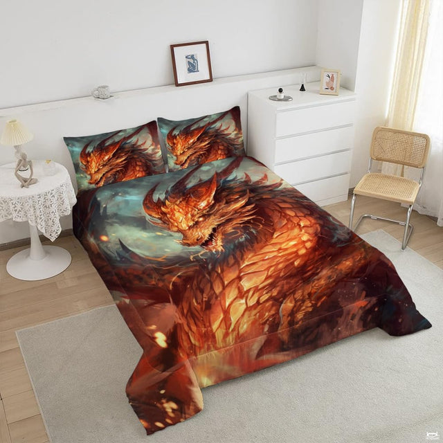 Close-up view of dragon bedding showcasing fierce mythical creature artwork and vibrant orange tones