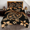 Batik sea turtle bedding set featuring Polynesian floral patterns in amber beige on deep black.