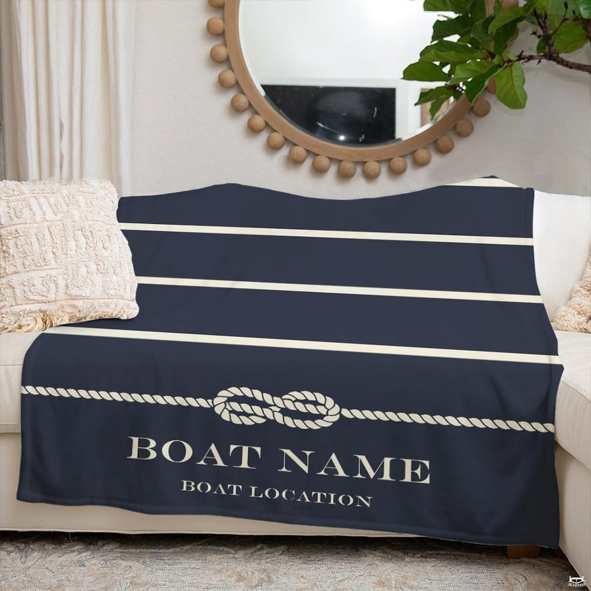 Overhead look at navy beach bedding visual motif featuring classic nautical striping.