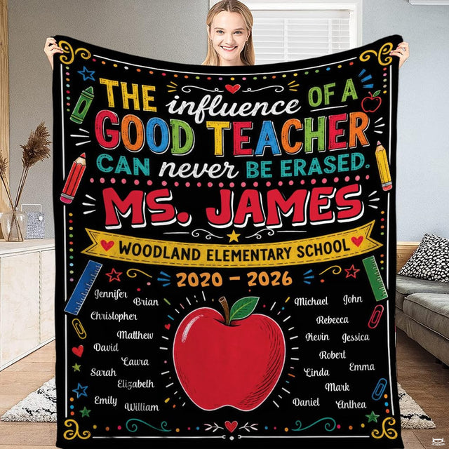 Chalkboard-themed bedding set featuring ochre yellow bed sheets accents and bright red apple artwork.