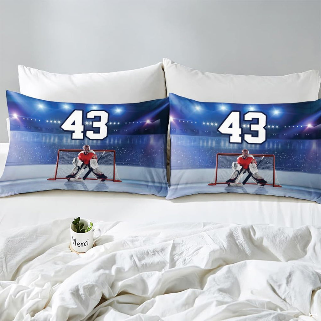 Side angle view of athletic winter sports bedding showing royal blue and scarlet red tones on mattress