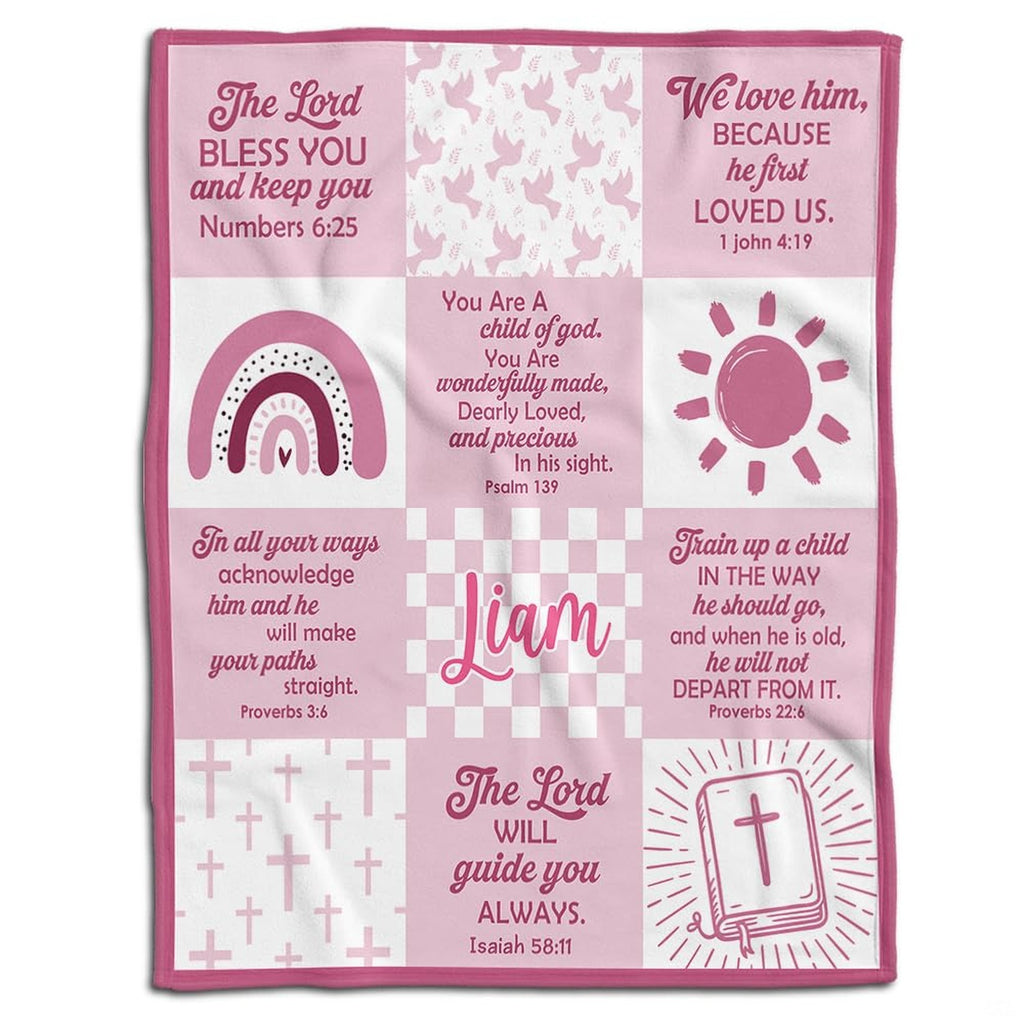 Pink bible verse wallpaper aesthetic bedding set featuring a nine-panel grid with crosses and doves.