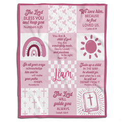 Pink bible verse wallpaper aesthetic bedding set featuring a nine-panel grid with crosses and doves.