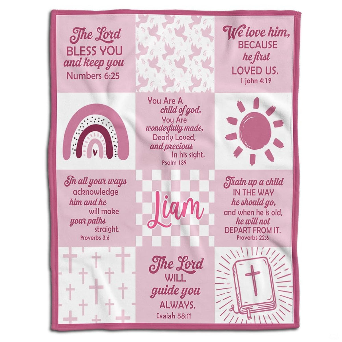 Pink bible verse wallpaper aesthetic bedding set featuring a nine-panel grid with crosses and doves.