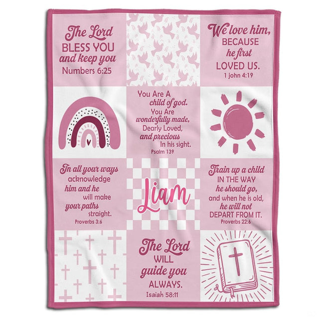 Pink bible verse wallpaper aesthetic bedding set featuring a nine-panel grid with crosses and doves.