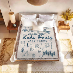 Lake house design with navy camping doodles, canoe, campfire, and pine trees, view 8.
